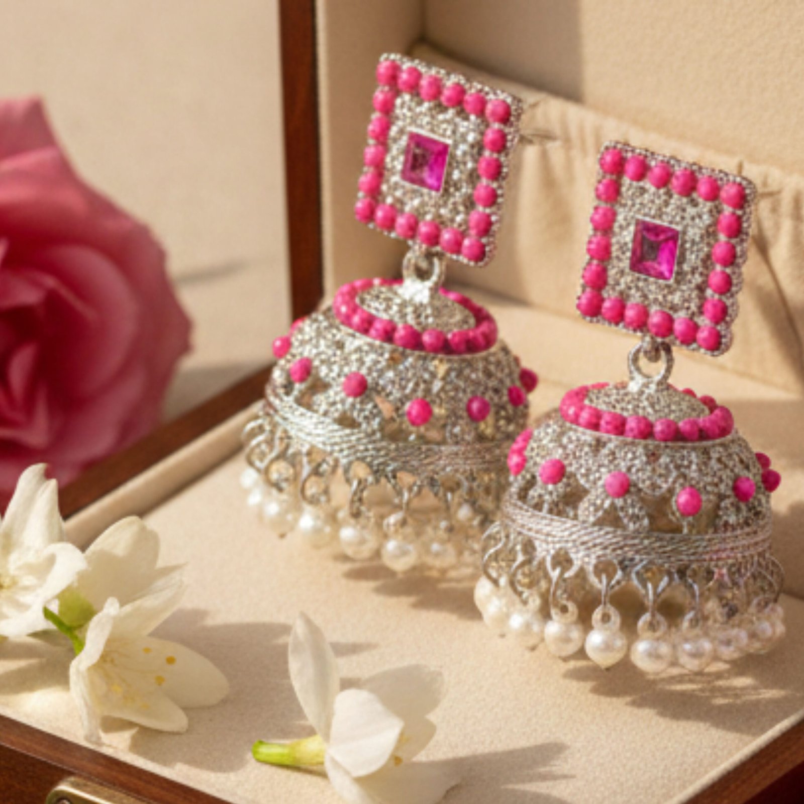 Pink Pearl Jhumka Earrings
