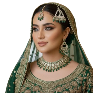 Luxury emerald green bridal jewelry set with sparkling stones, matching earrings, Neclkace, Jhumar and maang tikka