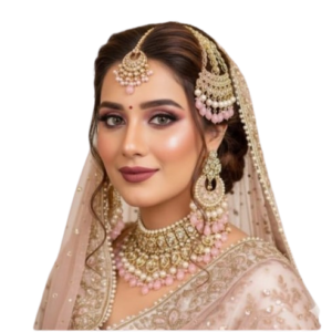 Pink pearl bridal jewelry set with necklace, earrings, and maang tikka an Jhumer for women
