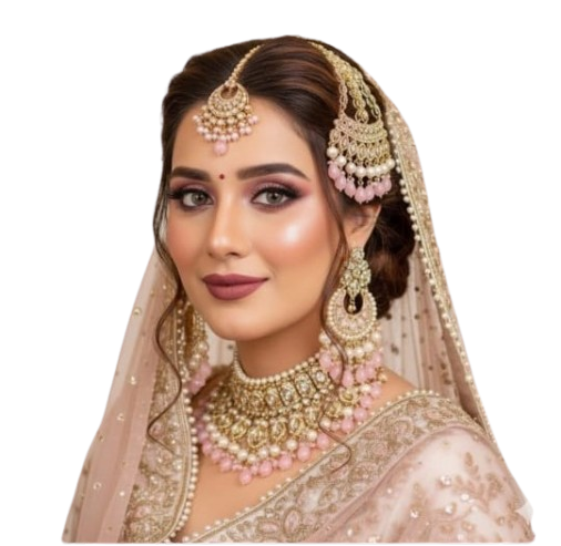 Pink pearl bridal jewelry set with necklace, earrings, and maang tikka an Jhumer for women